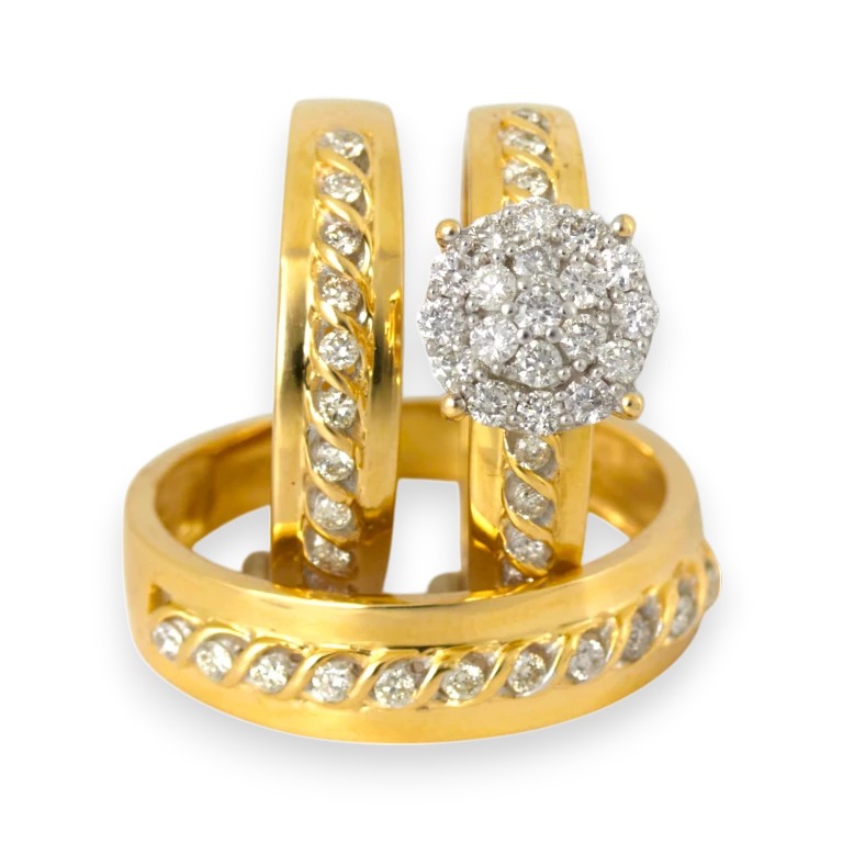 10k Yellow Gold Wedding Engagement Rings Set & Band Trio - 1/3 Ct Total Diamond